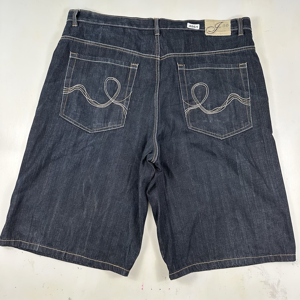 VTG Indigo 30 Baggy Jean Shorts Men 44 X 15 Embroidered Blue‎ Dark Hip-hop Jorts